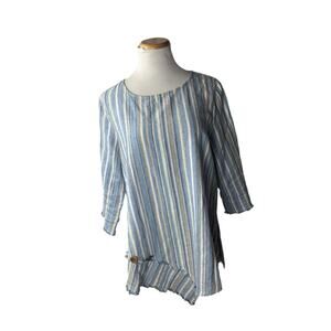 Ali Miles Linen Striped Blue Lagan Look‎ Asymetrical Tunic Blouse Large